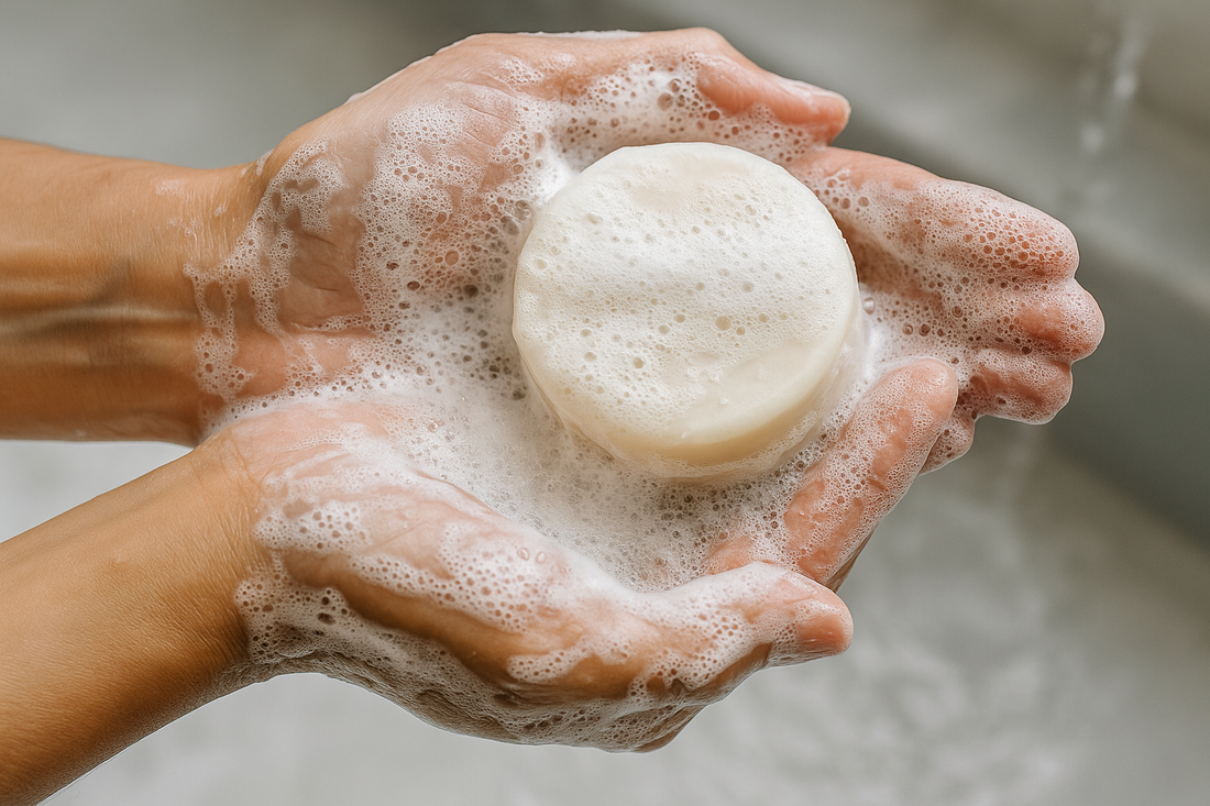 Hands lathering Milagro Goat Farm’s round goat milk soap under running water, producing rich, dense foam